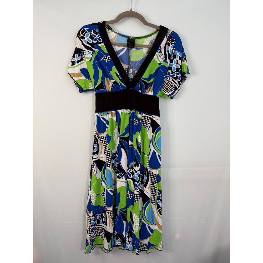 Wrapper Floral Empire Waist Midi Dress Womens Small Blue Green Psychedelic Retro